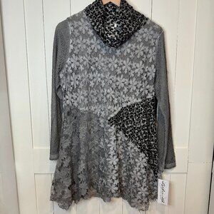 Lulu-B Gray Lace Patchwork Tunic Top M Leopard Velvet Cowl Neck Artsy Boho